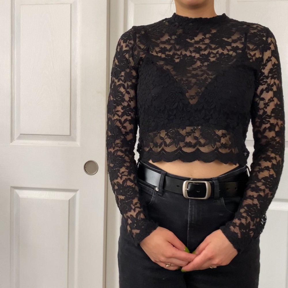 Sheer black lace mock-neck top medium